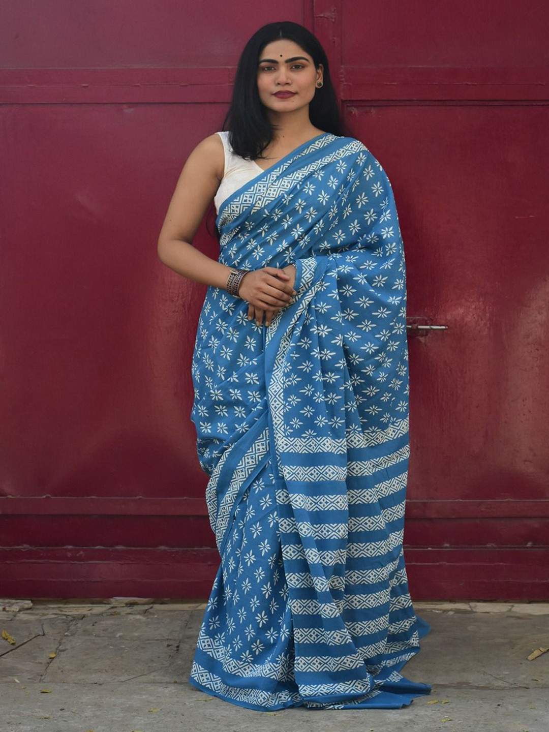 SainSisters No Rules Ethnic Motifs Pure Cotton Block Print Saree