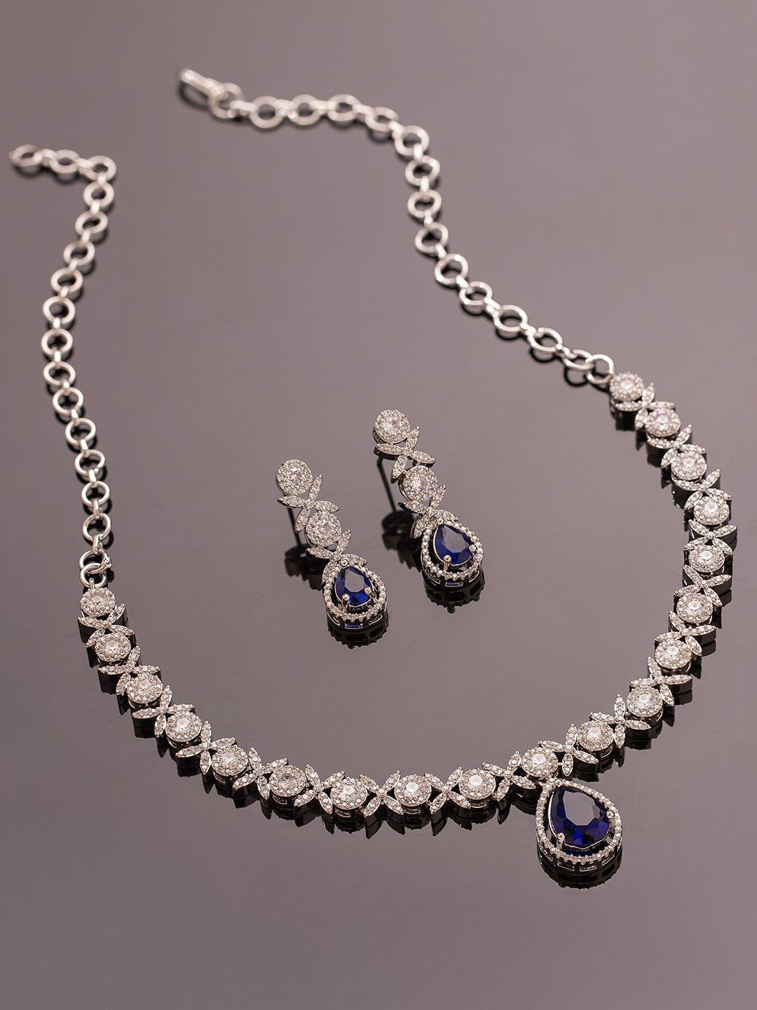 Voylla Rhodium-Plated Sparkling Essentials Moonazure American Diamond Jewellery Set