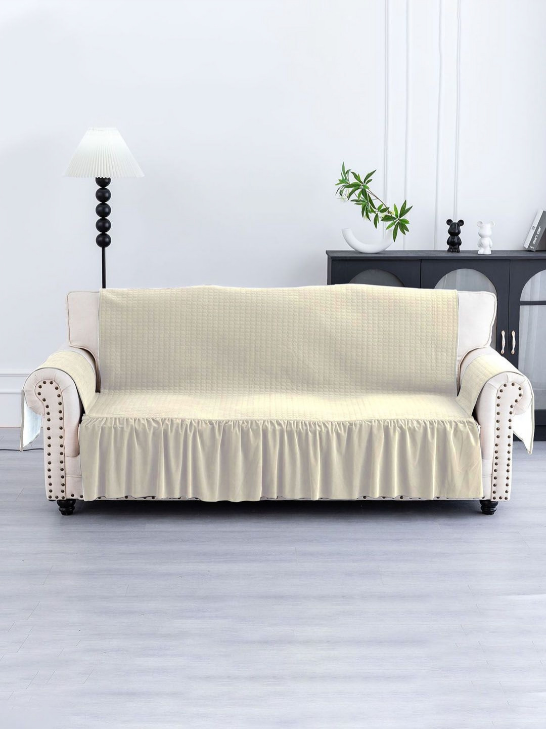 RUBOXA Cream-Coloured Self Design Velvet 3 Seater Sofa Cover With Pocket Arms