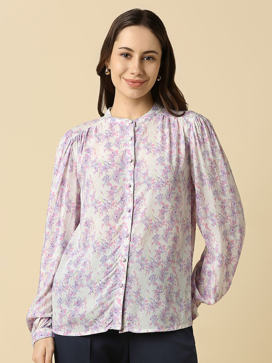 Allen Solly Woman Floral Printed Band Collar Long Sleeves Formal Shirt