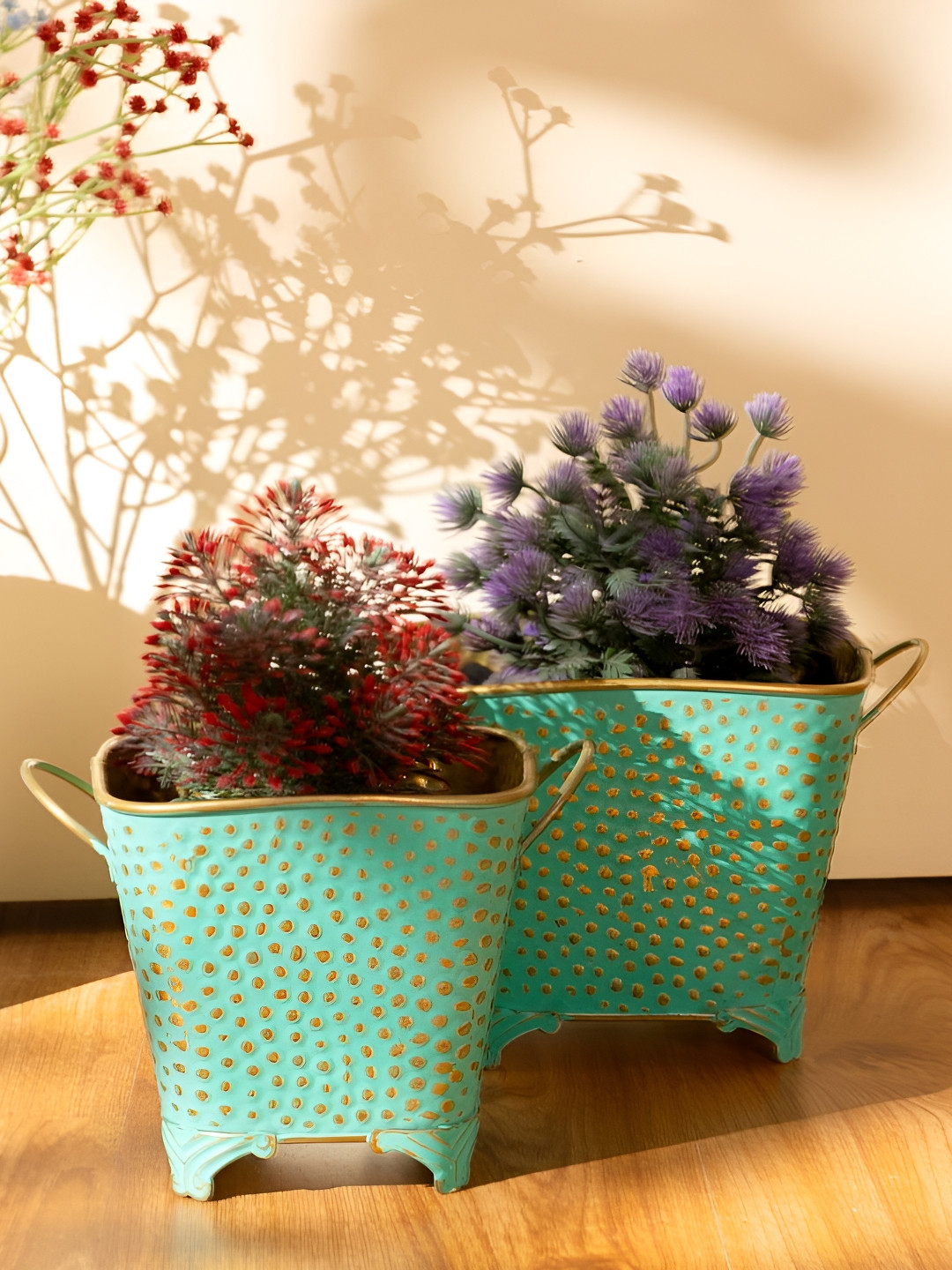 THREADVIBE LIVING 2Pcs Green Polka Dotted Square Basket Planters