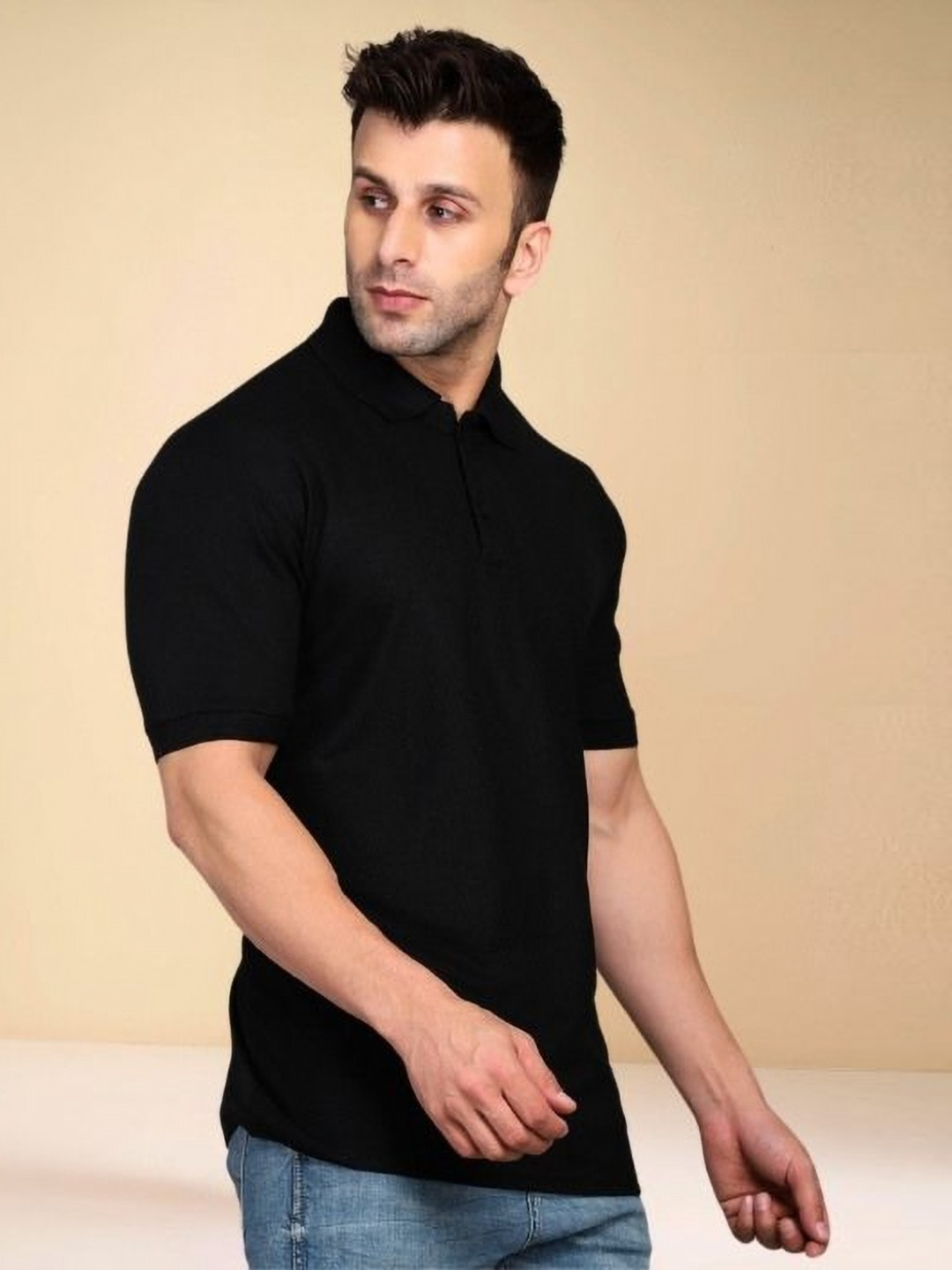 URBANICE Black Polo Collar Regular Fit Casual T-shirt