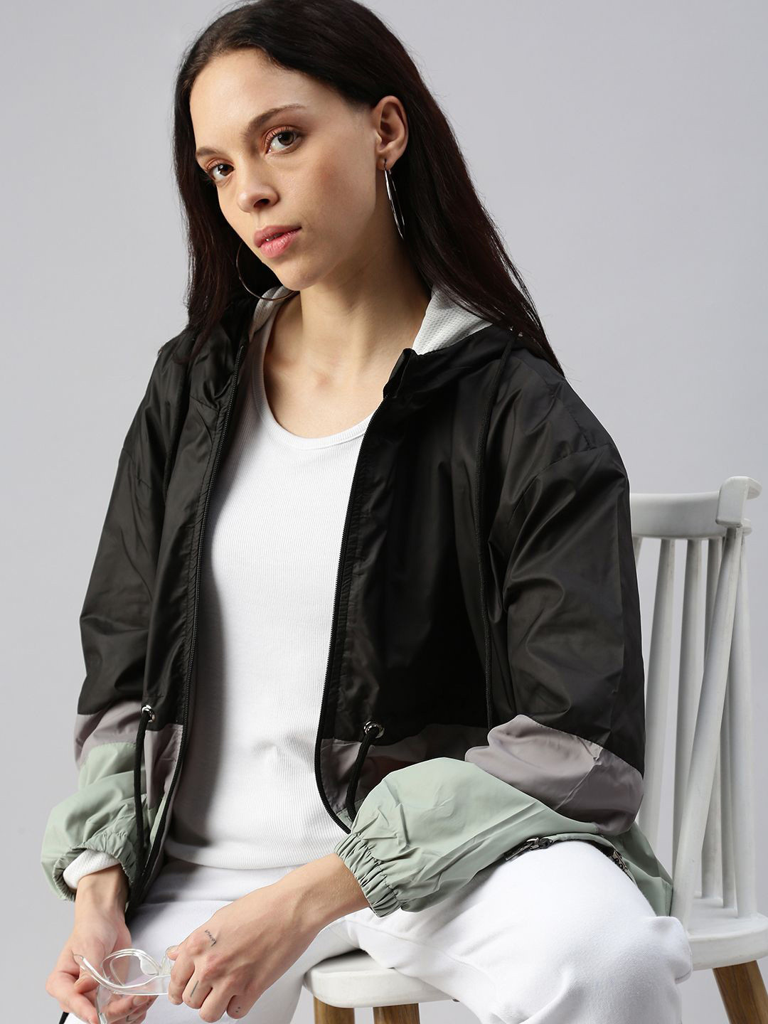 Black Green Grey Colourblocked Sporty Jacket