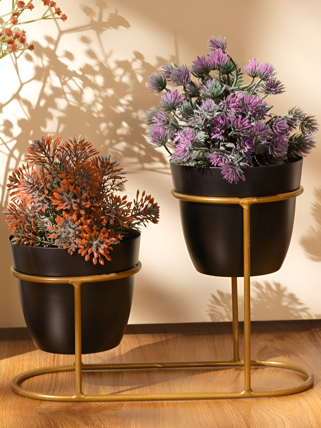 THREADVIBE LIVING Black Metal Pots With Double Golden Stand