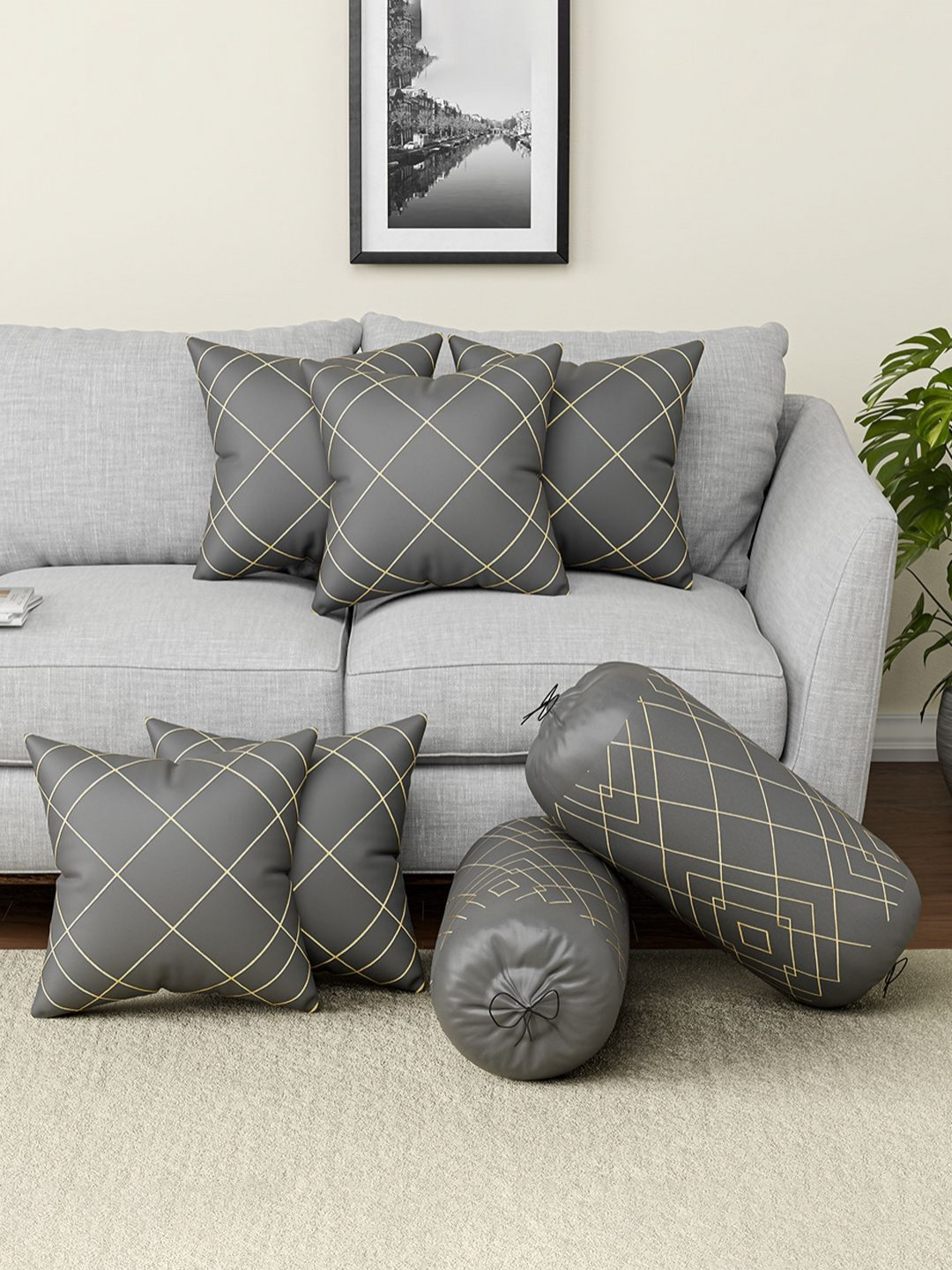RUBOXA Grey 7 Pieces Microfiber Checked Cushion & Bolster Covers