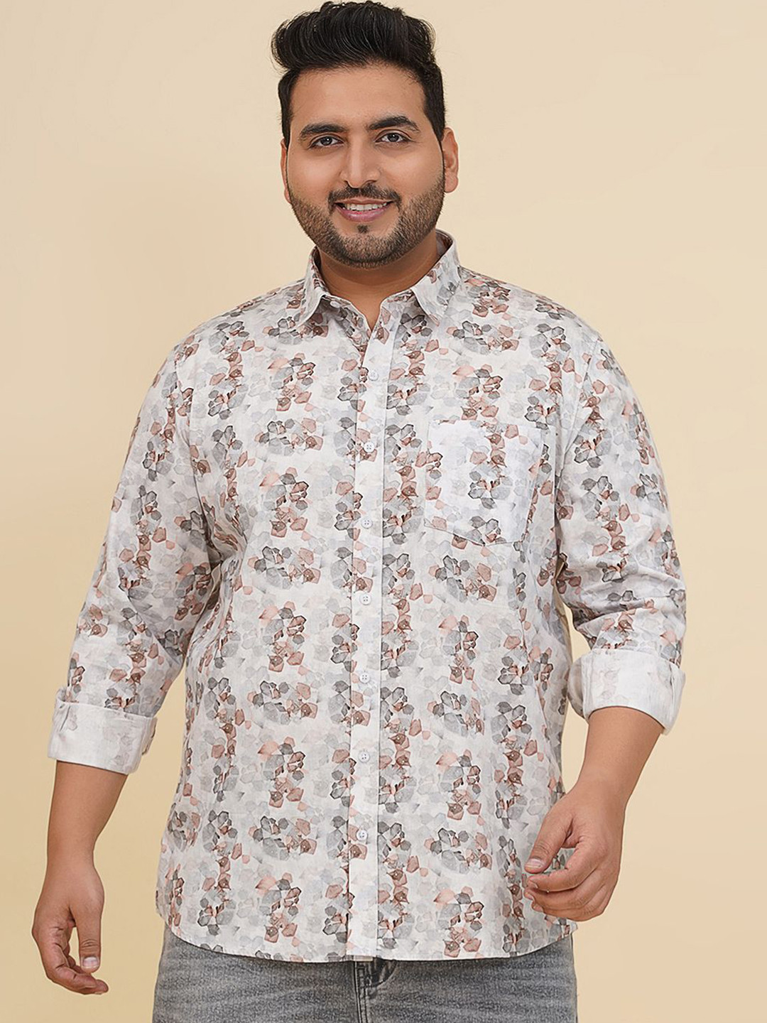 John Pride Floral Printed Spread Collar Plus Size Cotton Casual Shirt