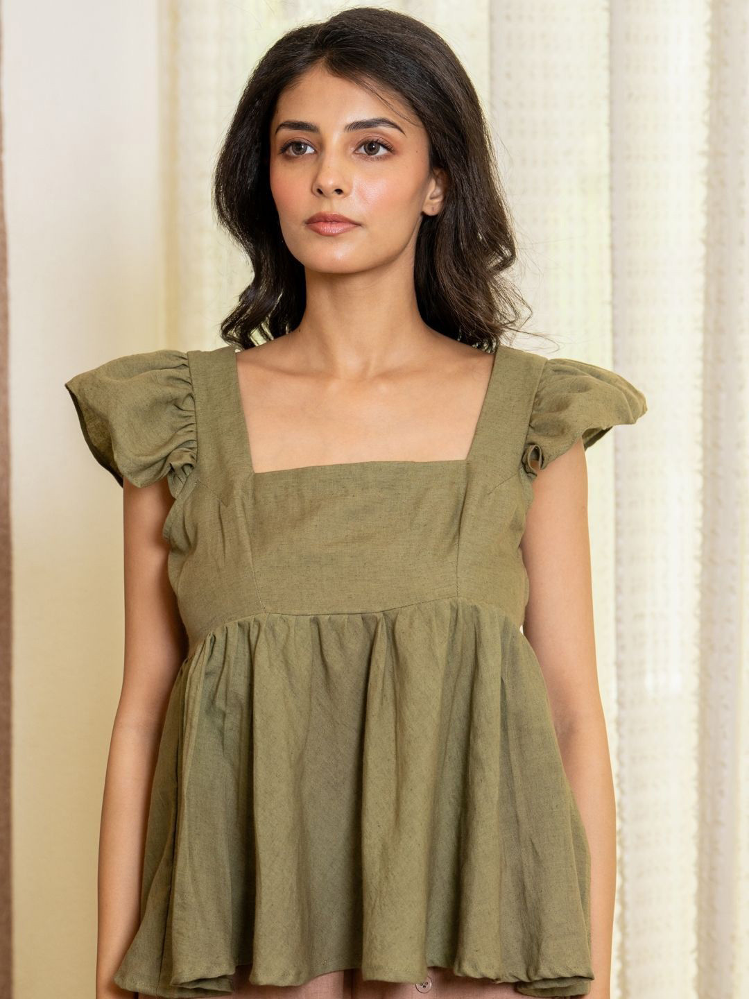 HOUSE OF JAMOTI Flutter Sleeve Linen Olivea Linen Top