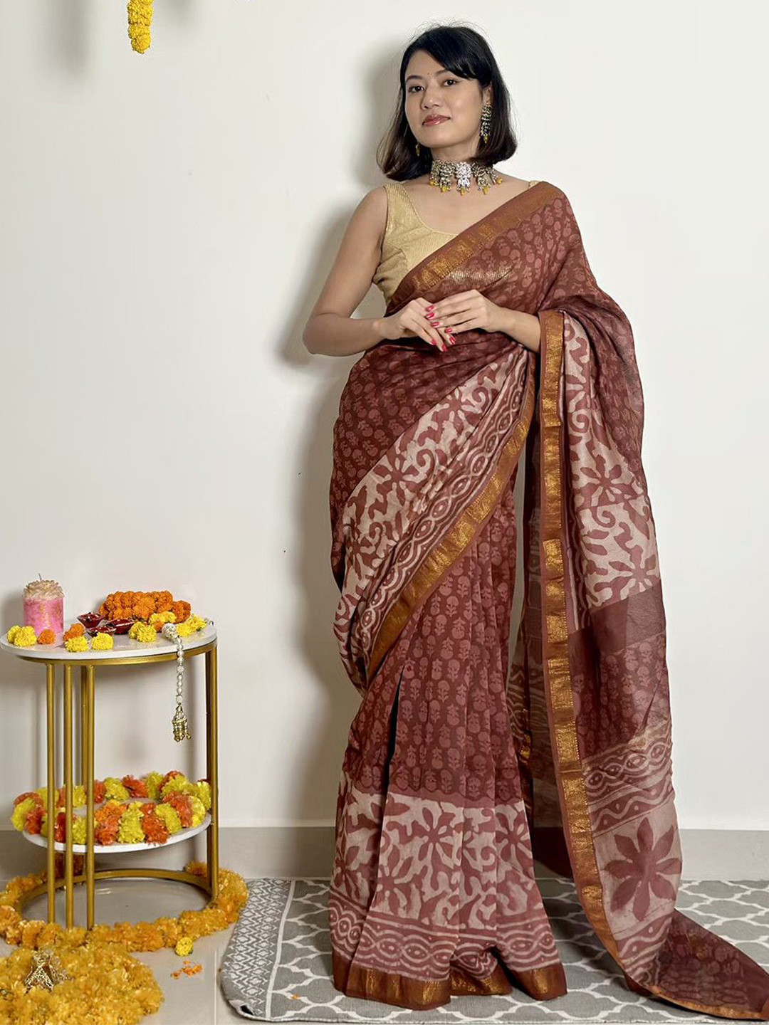 SainSisters Ethnic Motifs Block Printed Zari Border Saree