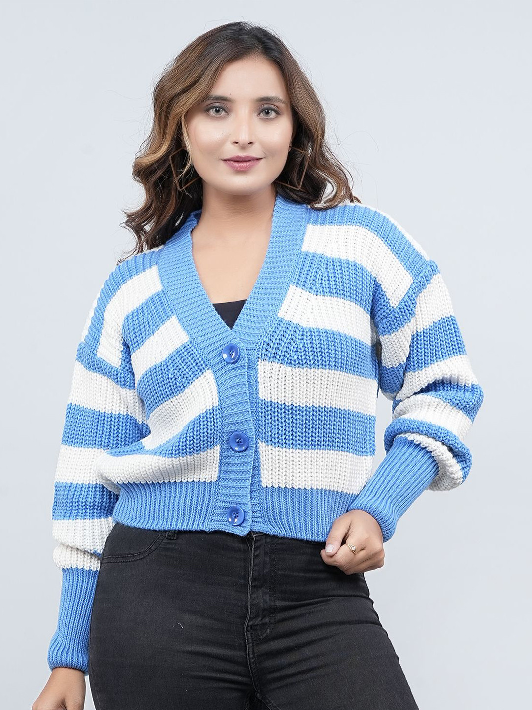 FEVERFEW Women Striped Woollen Cardigan