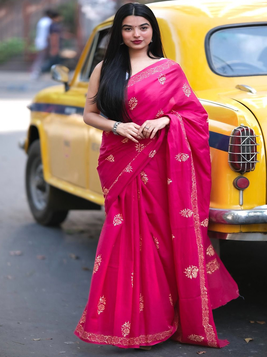 SainSisters Gulkand Ethnic Motifs Pure Cotton Block Print Saree