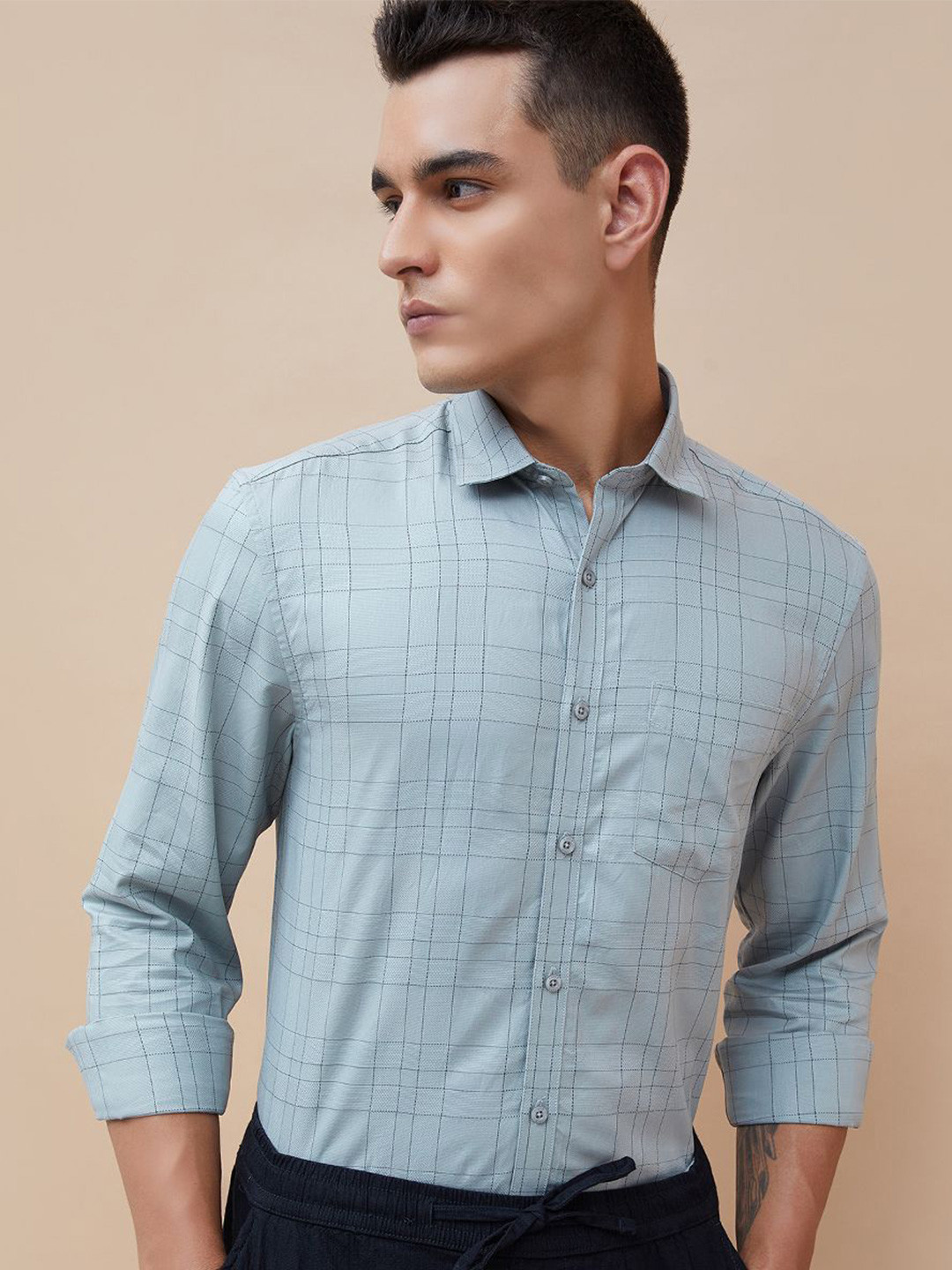 CODE by Lifestyle Grid Tattersall Checked Cutaway Collar Cotton Casual Shirt