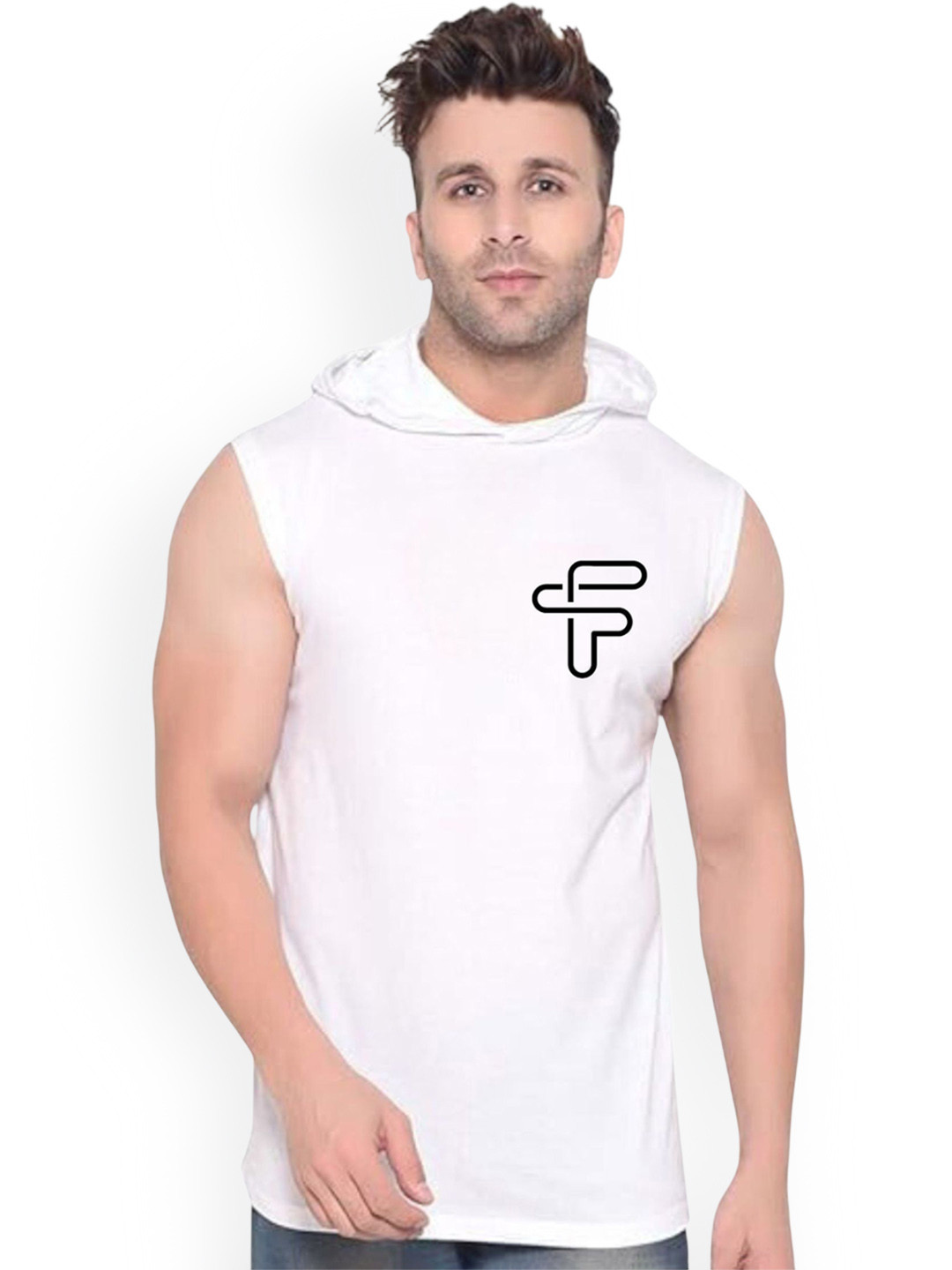FABSTIEVE Printed Cotton Hooded Gym Vest  VK-44B_pt-23 White M