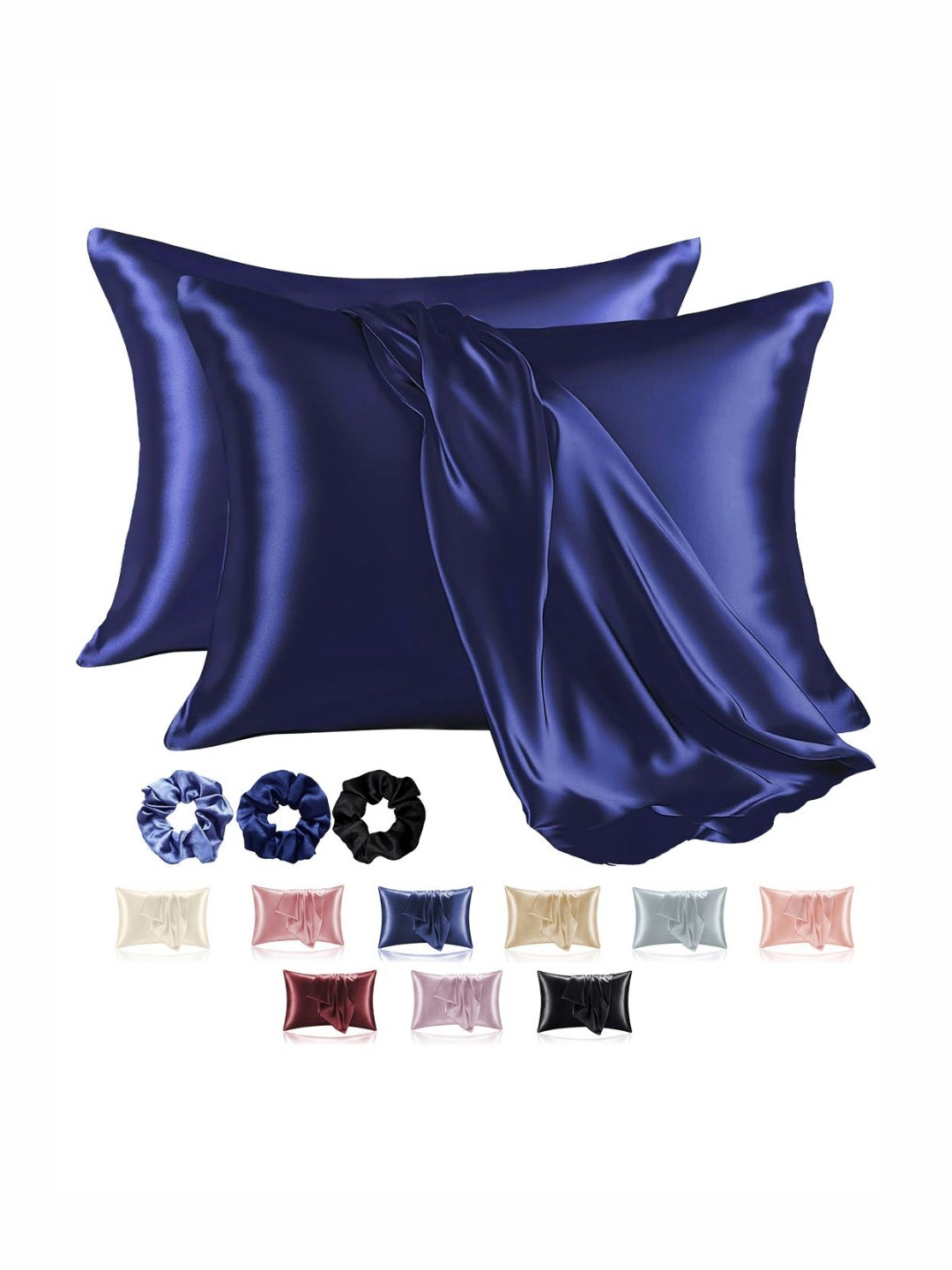 RUBOXA Navy Blue 2 Pieces Solid Satin Rectangle Pillow Covers with 3 Scrunchies