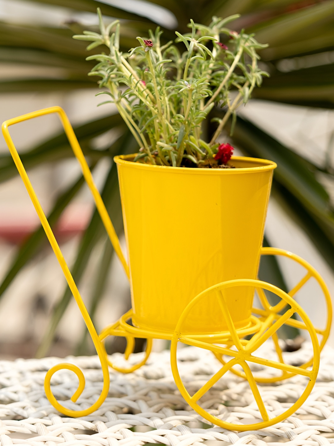 THREADVIBE LIVING Yellow Cart Design Table Top Planter Stand