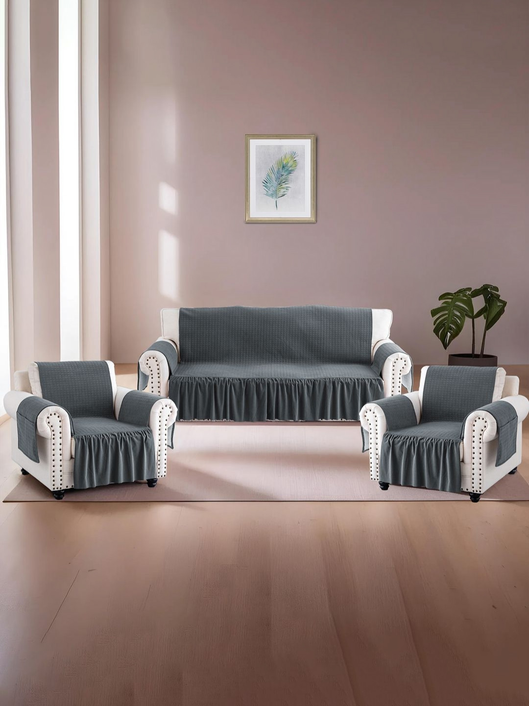 RUBOXA Grey 3 Pieces Self Design Velvet 5 Seater Sofa Covers With Pocket Arms