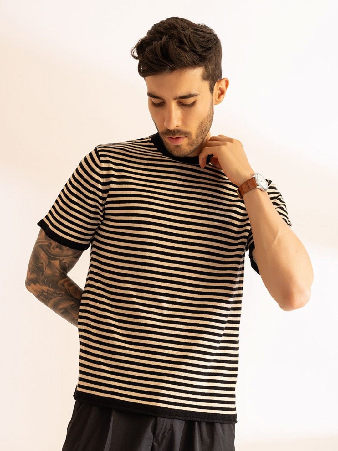 ARMISTO Men Striped Pure Cotton Knit Rolling Hem T-shirt