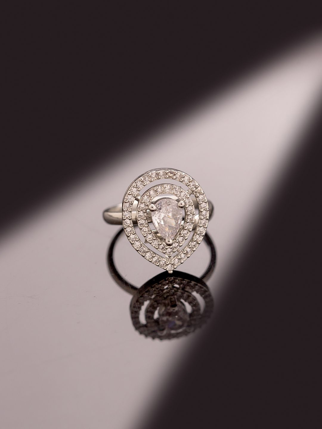 Voylla Rhodium-Plated Sparkling Elegance Mooncourt American Diamond-Studded Finger Ring