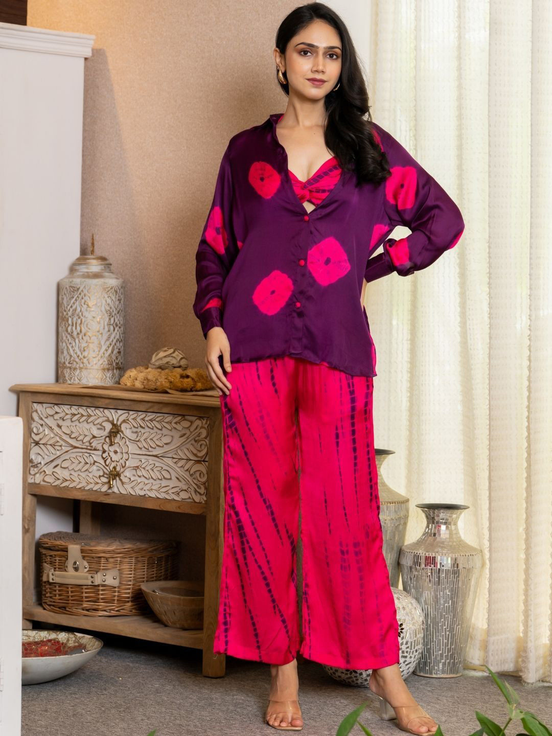 HOUSE OF JAMOTI Printed  Inner Shirt Collar Shirt With Trousers Radiance Plum Co Ord Set