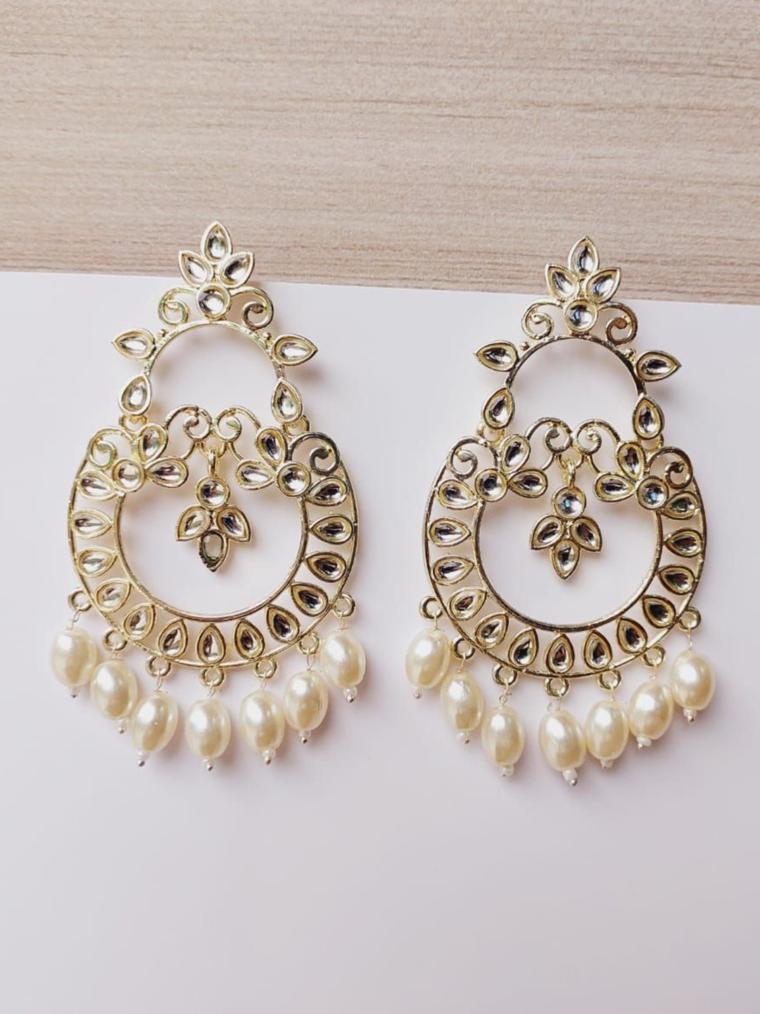 LVISHI Gold-Plated Kundan Studded & Pearls Beaded Crescent Shaped Chandbalis
