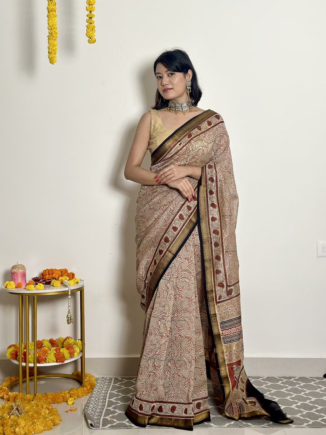 SainSisters Hand block Printed Maheshwari Ethnic Motifs Saree