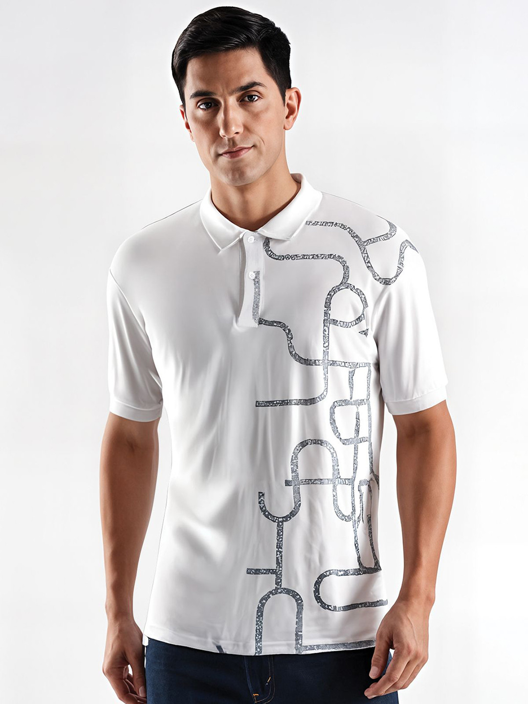 ADRO  Abstract Printed Polo Collar Cotton T-shirt