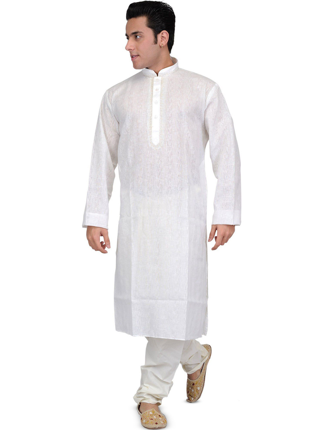 Exotic India Men Cotton Kurta Pajama With Wide Woven Stripes And Embroidery On Neck