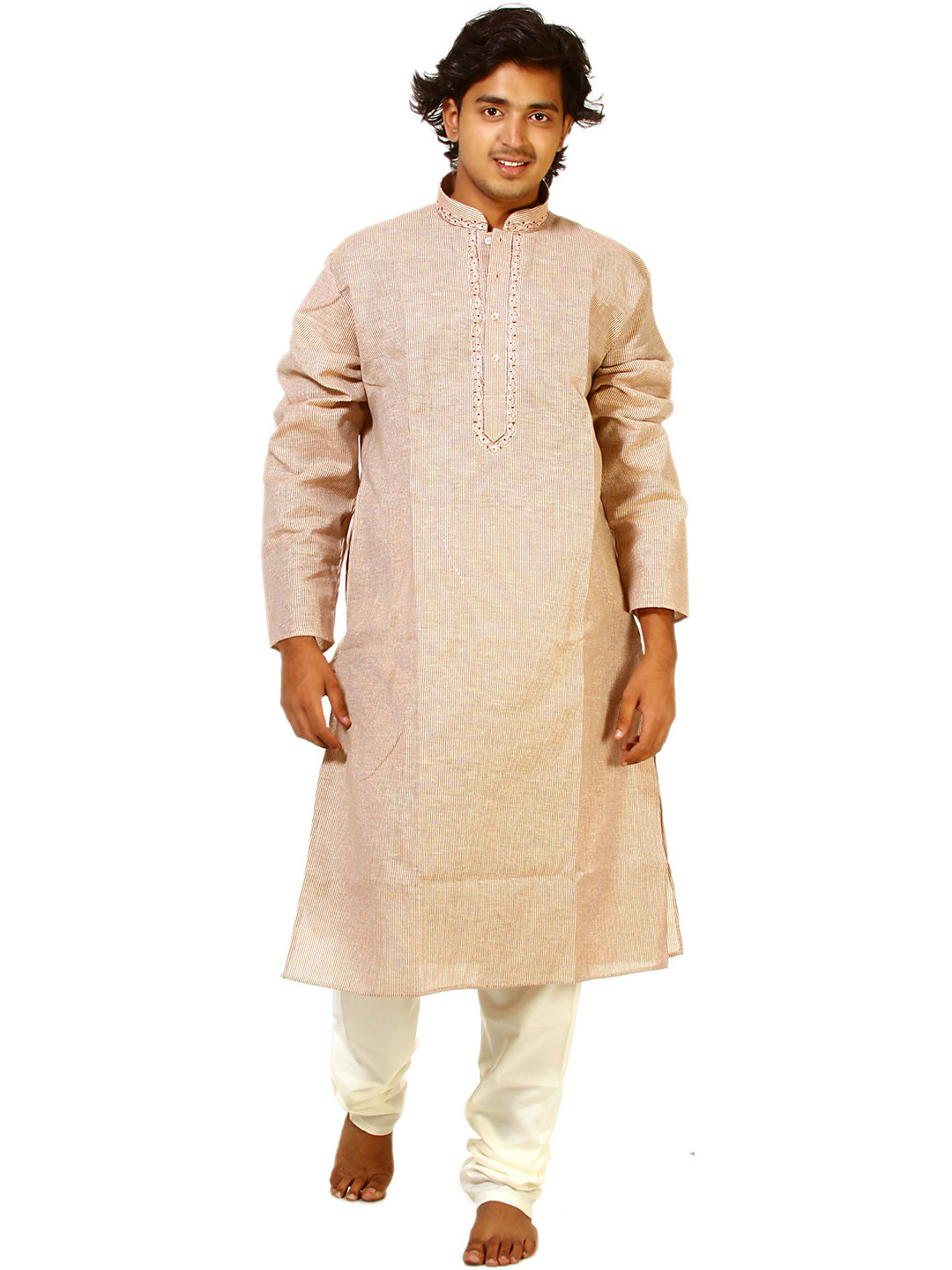 Exotic India Men Pure Cotton Kurta Pajama with Embroidery On Neck And Woven Stripes