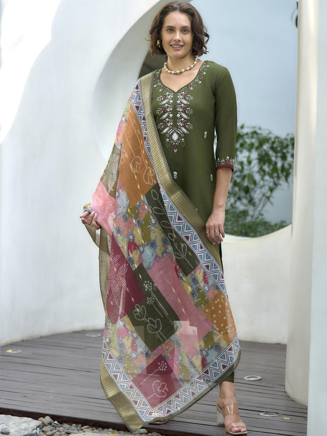 Hitarth Fashion Floral Embroidered V-Neck Straight Kurta With Trousers & Dupatta