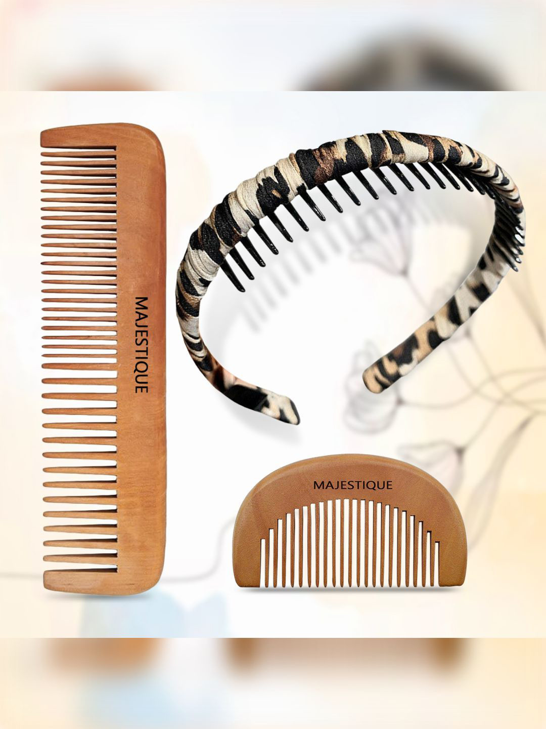MAJESTIQUE Set Of 3 Eco Friendly Wooden Comb Set With Satin Cotton Headband
