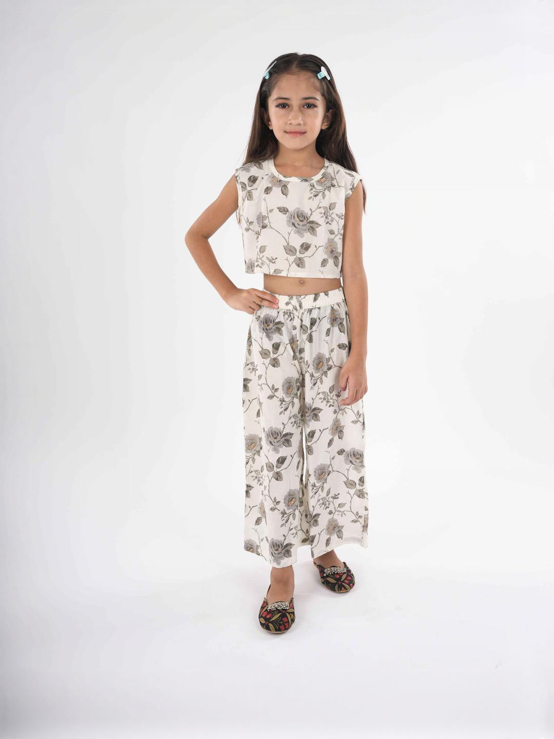 FabJunior Girls Floral Golden Foil Pure Cotton Crop Top & Palazzo Set