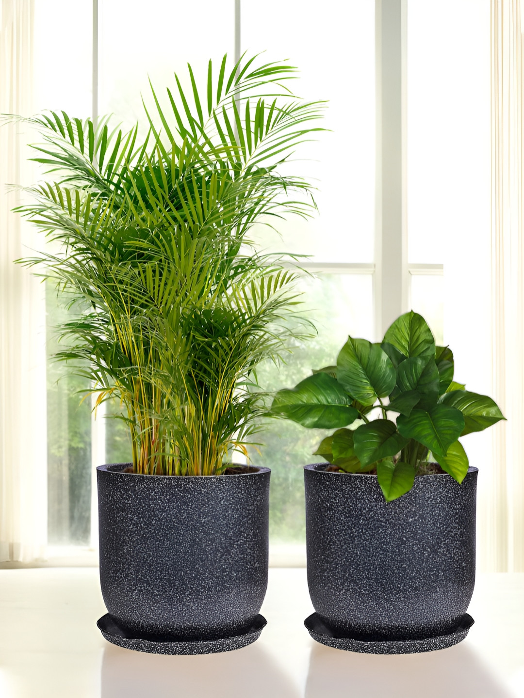 RUBOXA Marble Jaguar 2-Pcs Black UV-ProtectedPlanters With Tray