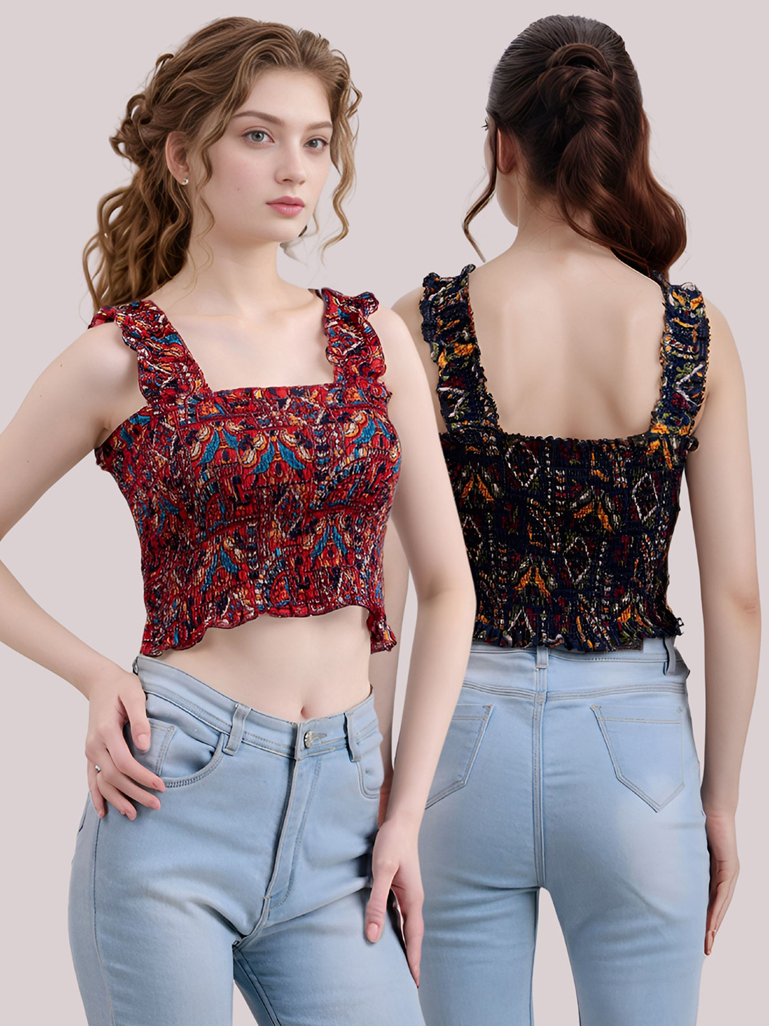Moda Rapido Women Pack of 2 Printed Smocked Crop Top