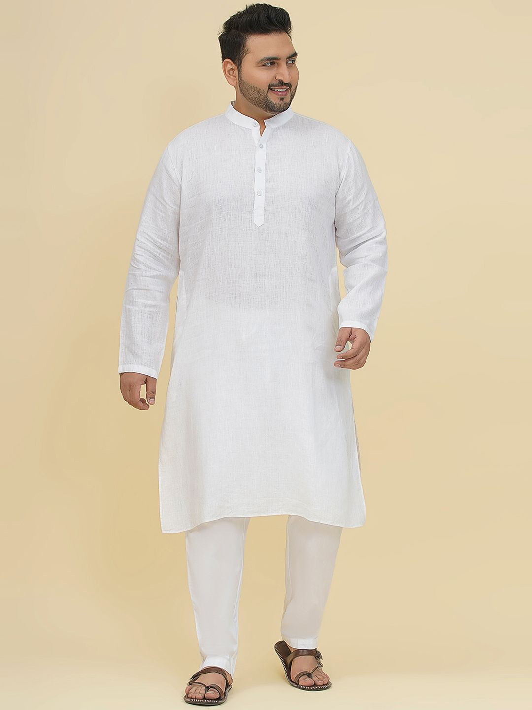 John Pride Band Collar Linen Straight Kurta With Pyjamas