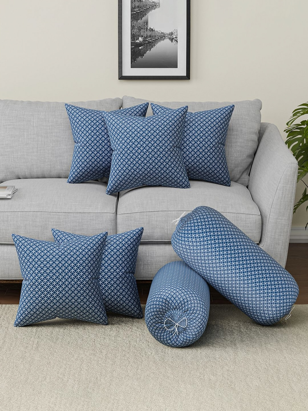RUBOXA 7 Pieces Blue Microfiber Square Cushion Cover And Bolster Covers