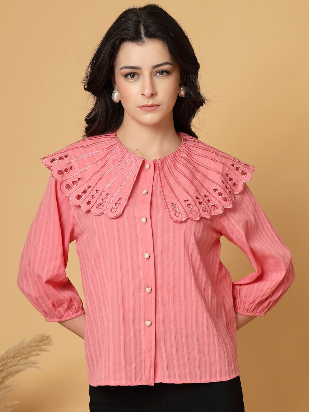 Gipsy Women Peter Pan Collar Cotton Schiffli Shirt Style Top