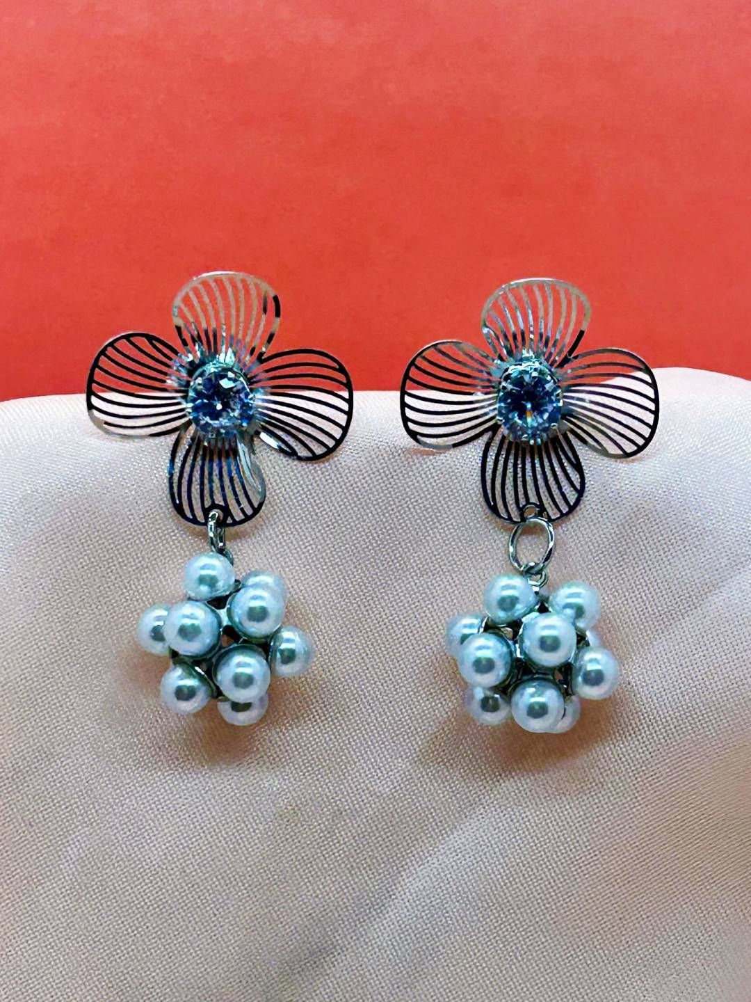 Neeara Fashion Silver Plated Artificial Beaded Floral Drop Earrings