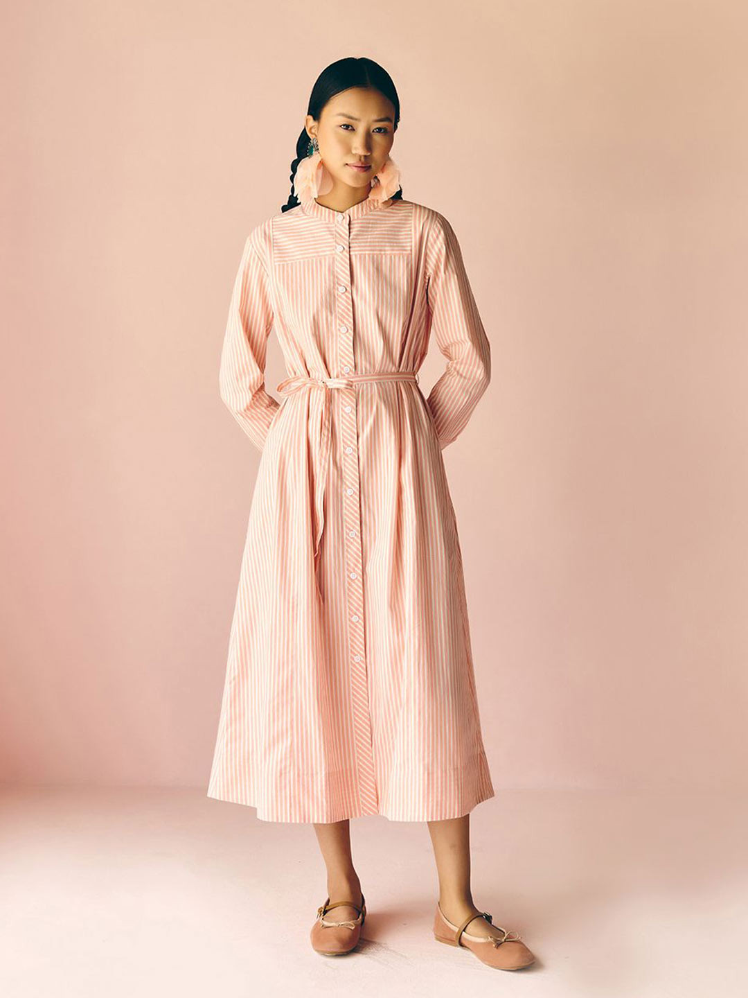 Prakriti Jaipur Women Peach Stripes Poplin Midi Dress