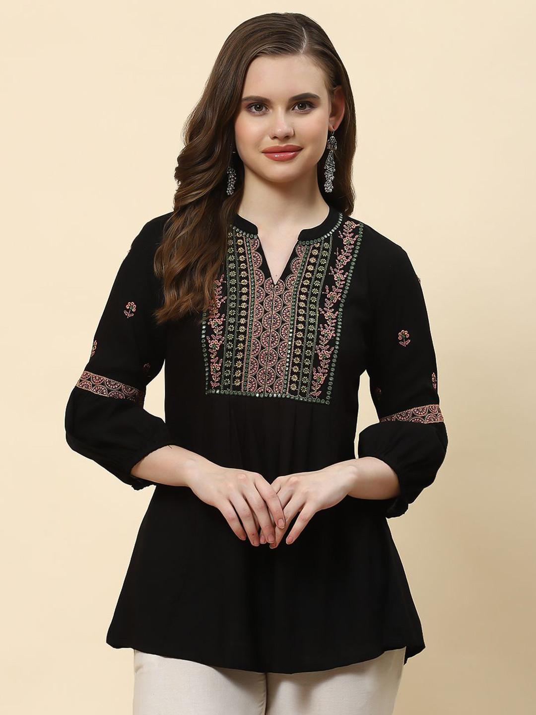 TUNIYA Women Ethnic Motifs Embroidered Round Neck Puff Sleeves A-Line Top