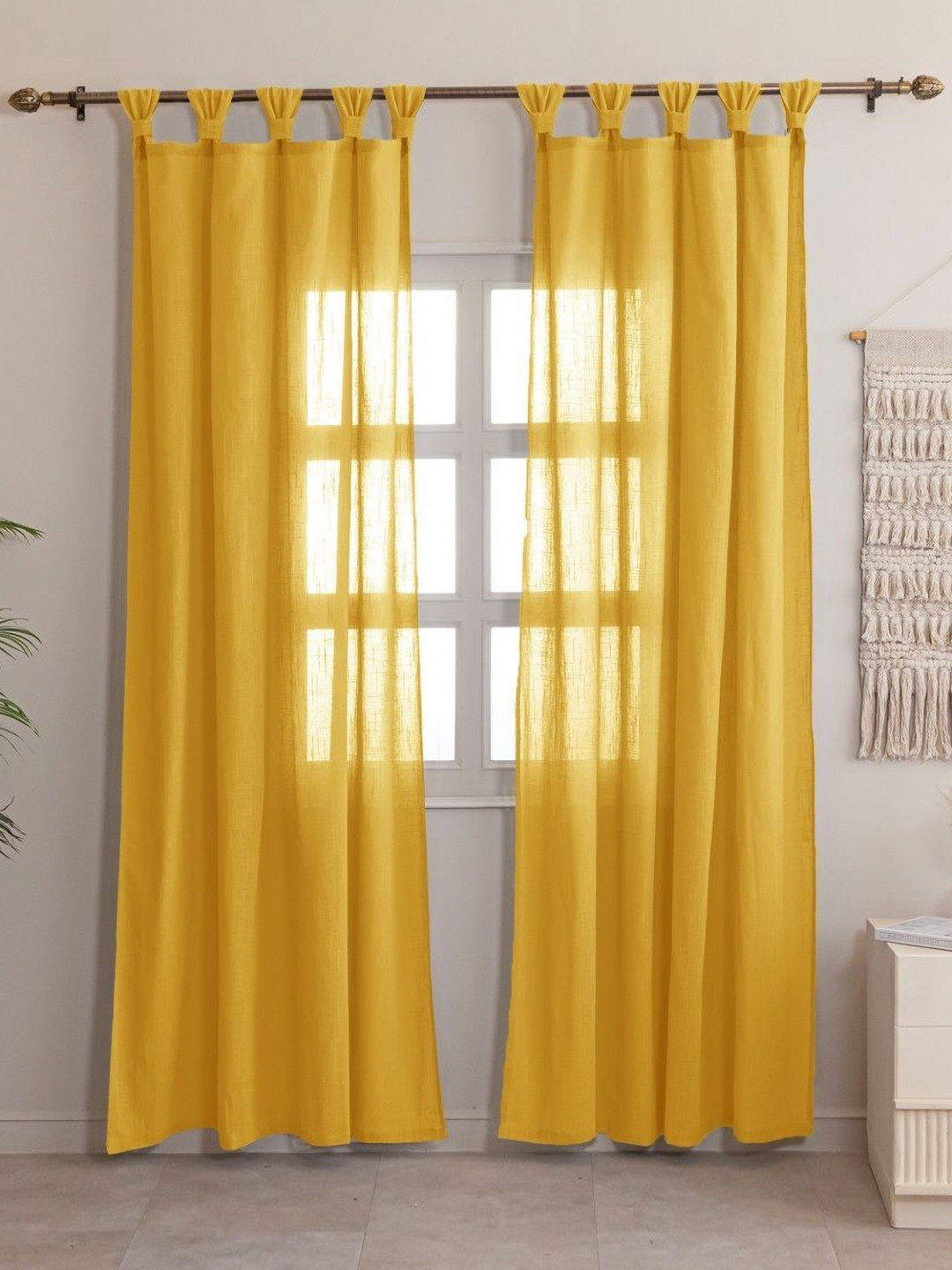 HOMEMONDE Yellow Set of 2 Cotton Sheer Curtains 6 Feet Long Window Curtain