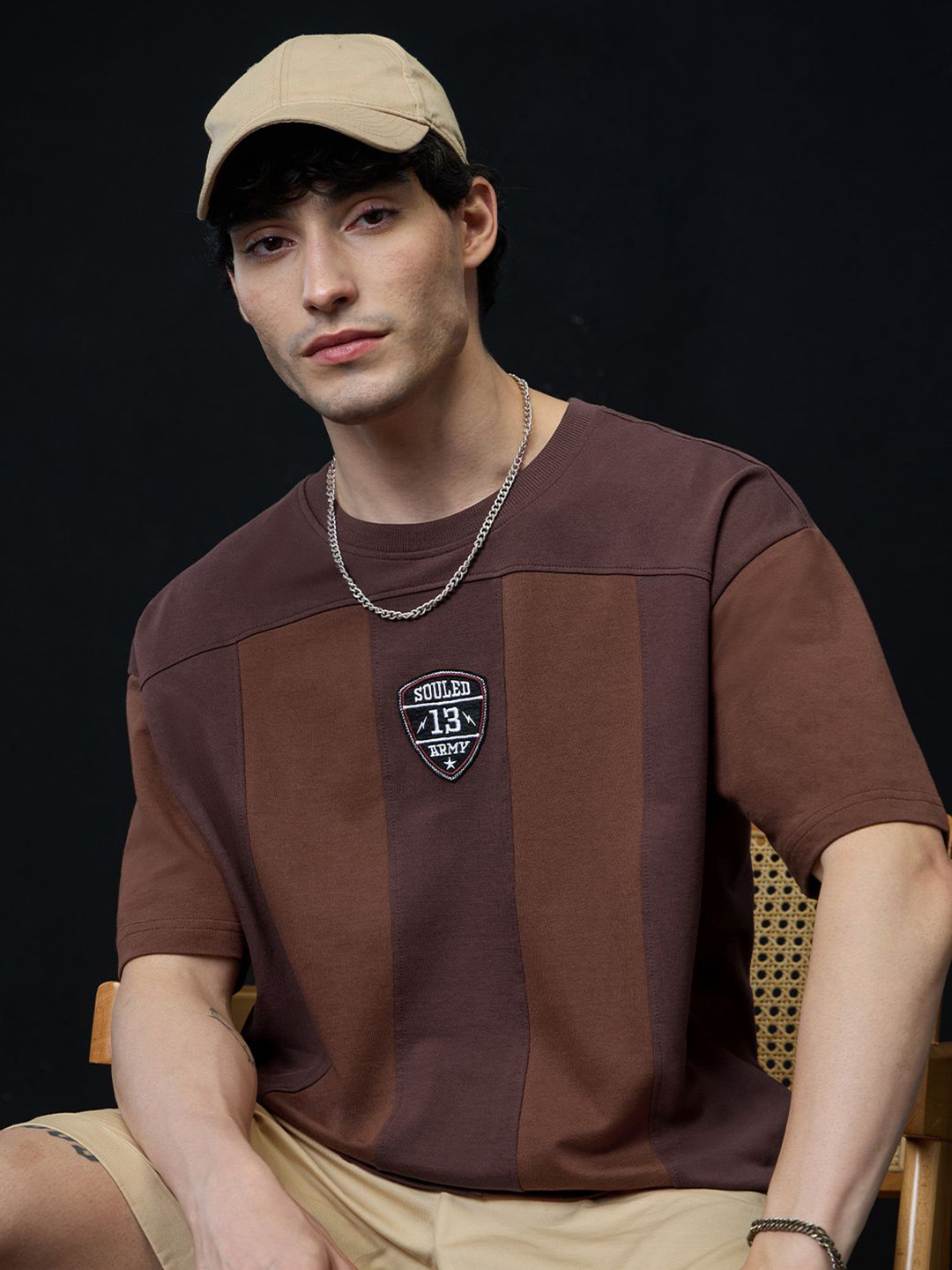 The Souled Store  Men Colourblock: Mocha Multicolor Oversized Fit T-Shirt
