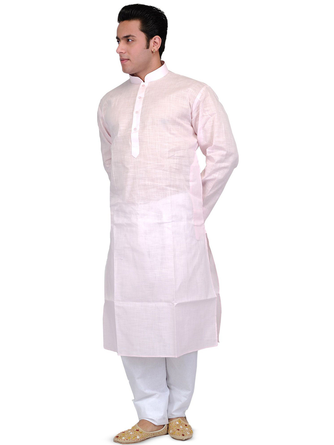 Exotic India Men Barely-Pink Pure Cotton Plain Kurta Pajama Set