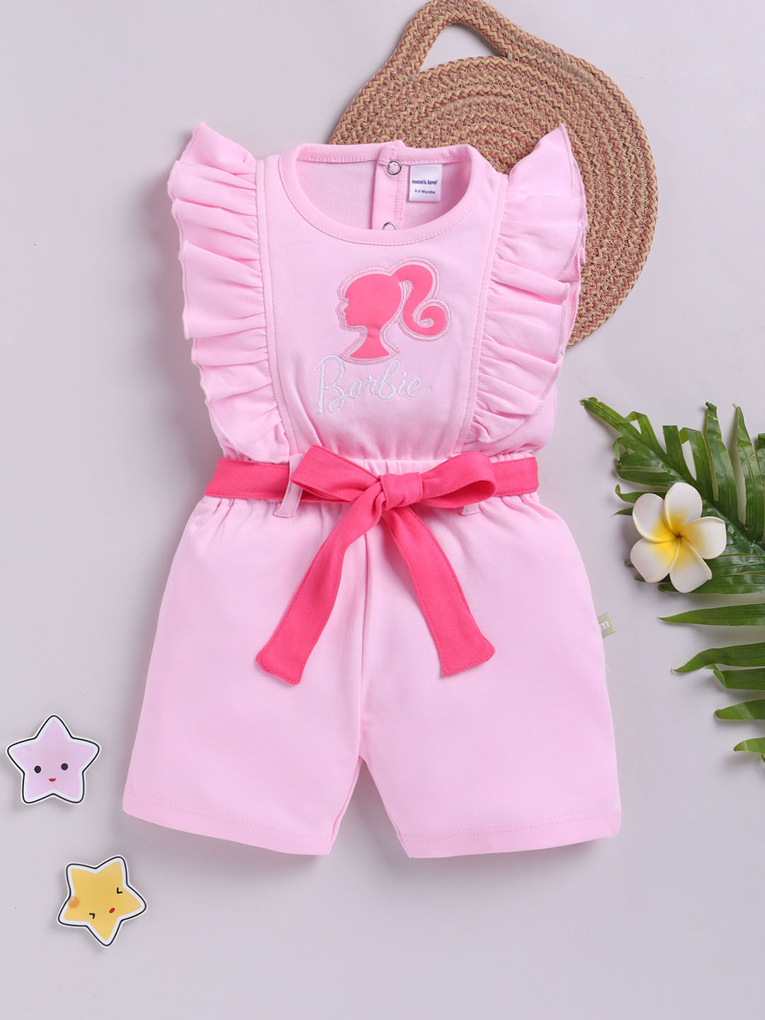 Moms Love Infant Girls Barbie Printed Pure Cotton Ruffled Basic Jumpsuit