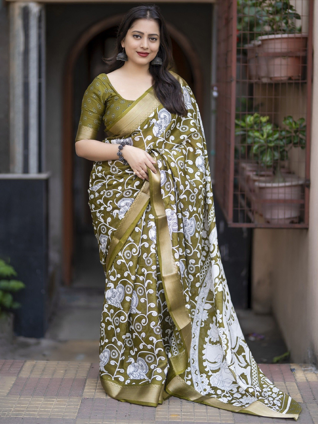 Pandadi Saree Kalamkari Printed Zari Kota Sarees