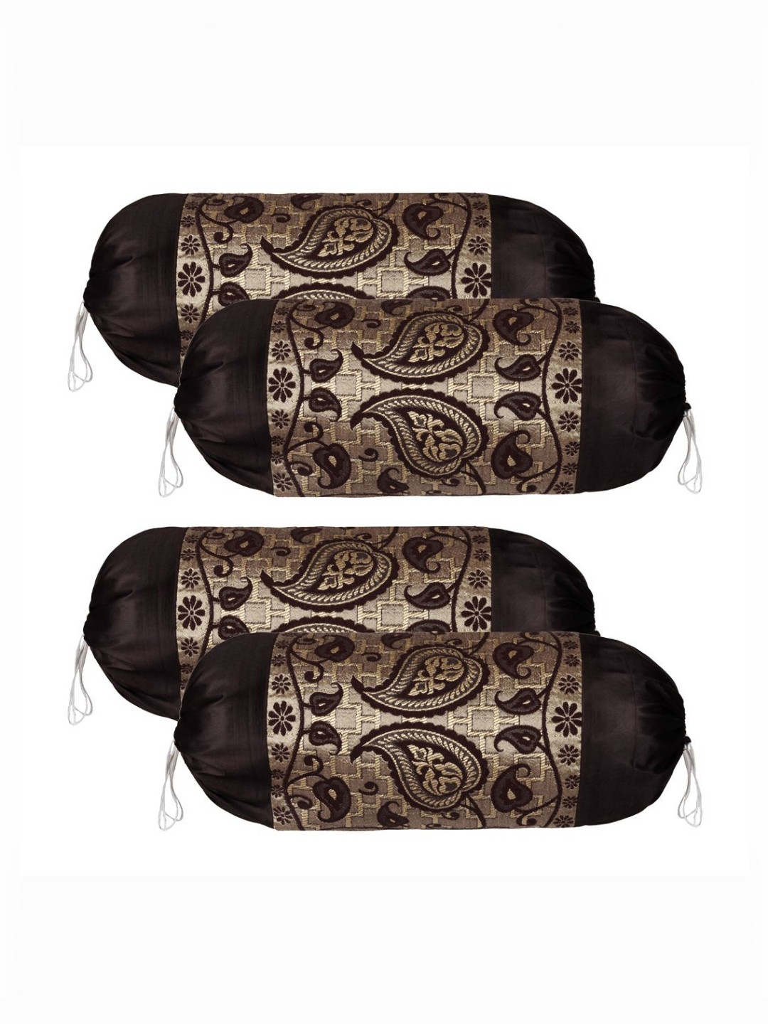 RUBOXA Gold-Toned & Brown 4 Pieces Self Design Bolster Covers With Dori