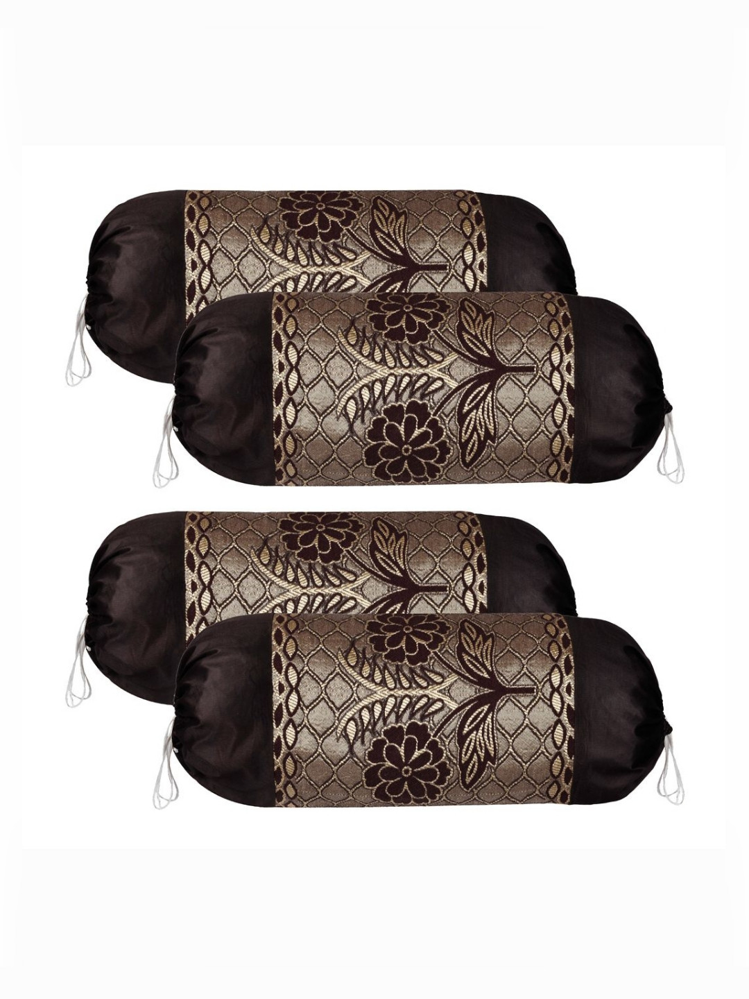 RUBOXA Brown & Gold-Toned 4 Pieces Self Design Bolster Covers With Dori