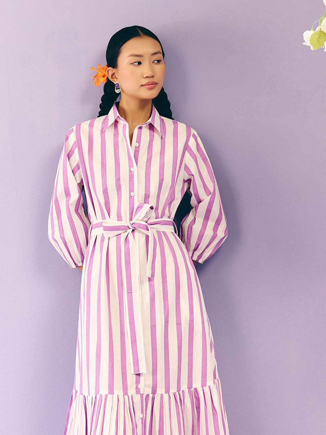 Prakriti Jaipur Women Purple Stripes Poplin Shirt Dress