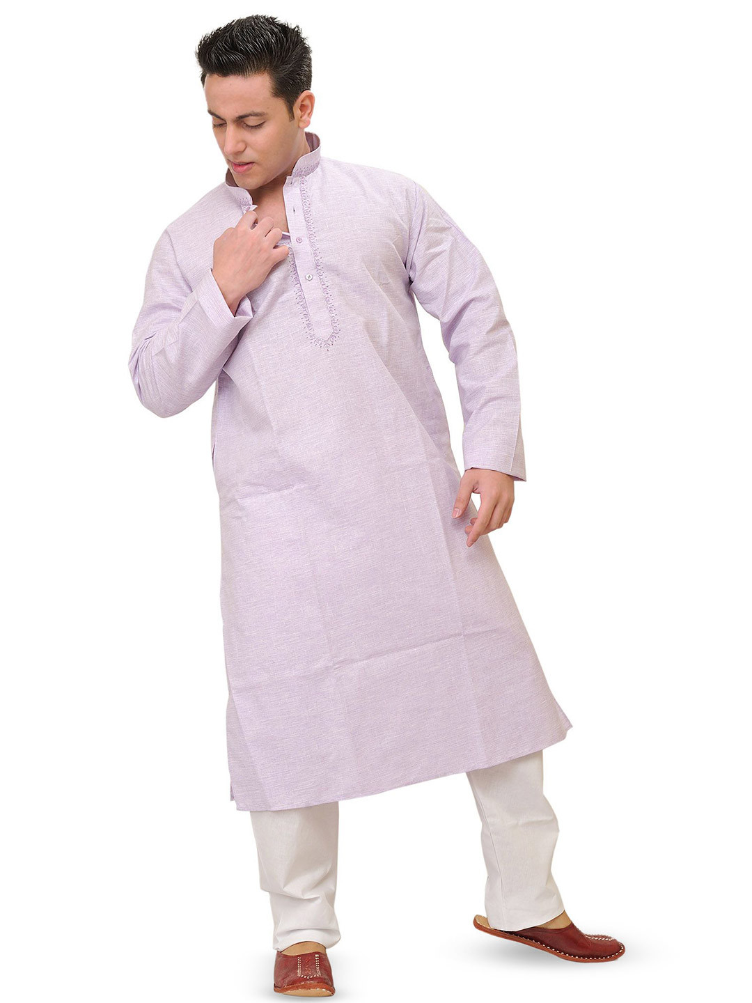 Exotic India Men Plain Pure Cotton Kurta Pajama with Embroidery On Neck