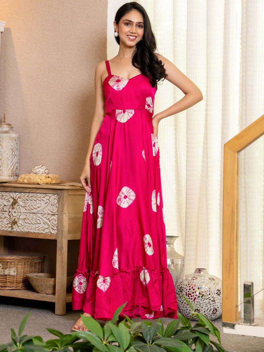 HOUSE OF JAMOTI Fuchsia Fan Print Ruffle Maxi Dress