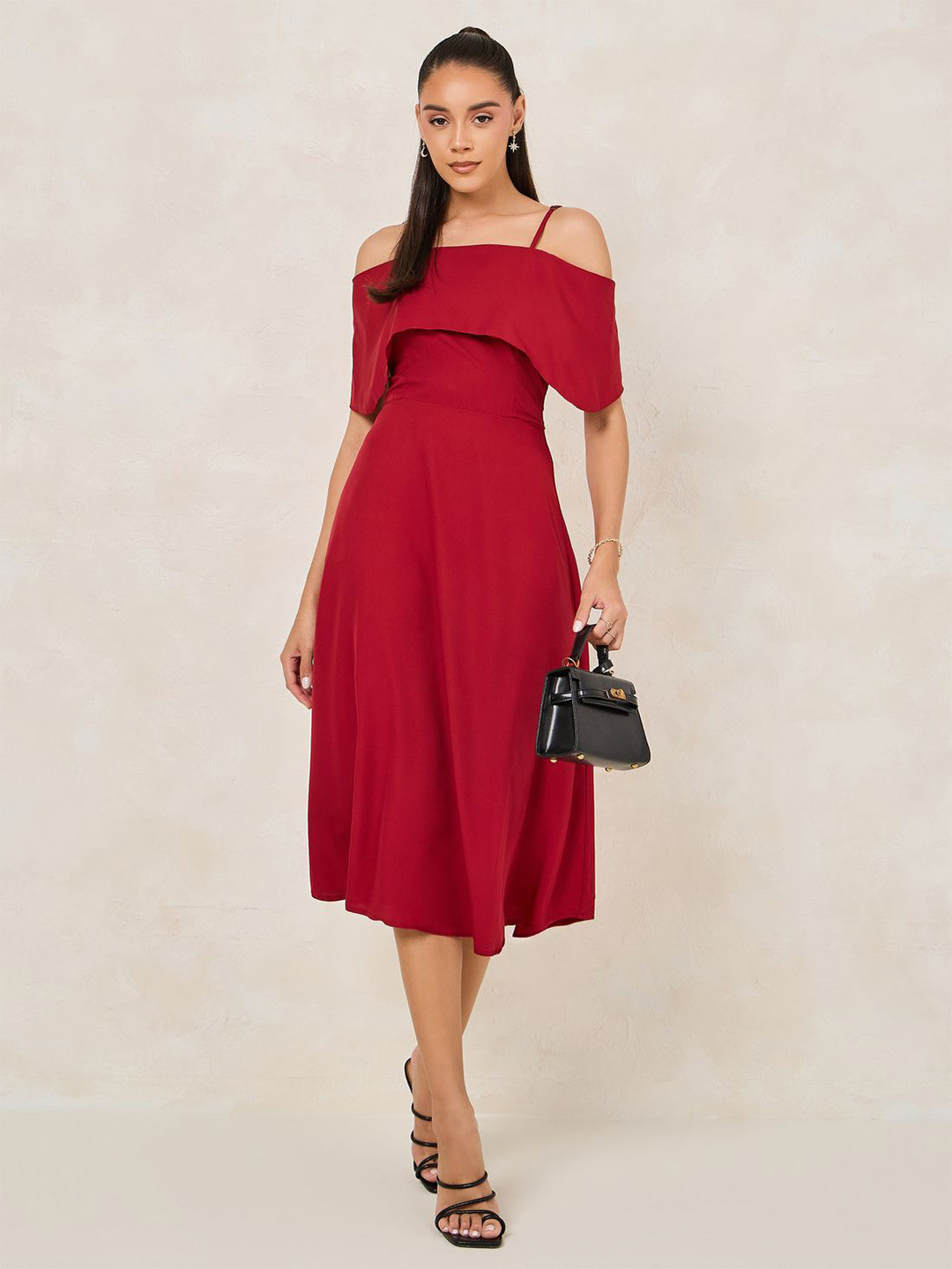 Styli Women Cherry Red Cold-Shoulder Fit and Flare Midi Dress
