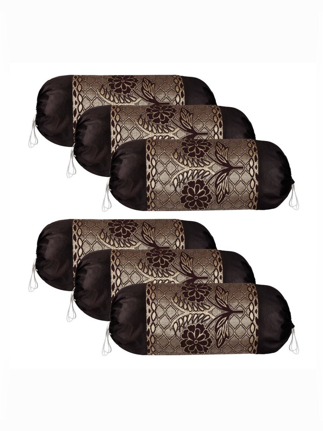 RUBOXA Gold-Toned & Brown 6 Pieces Self Design Bolster Covers With Dori